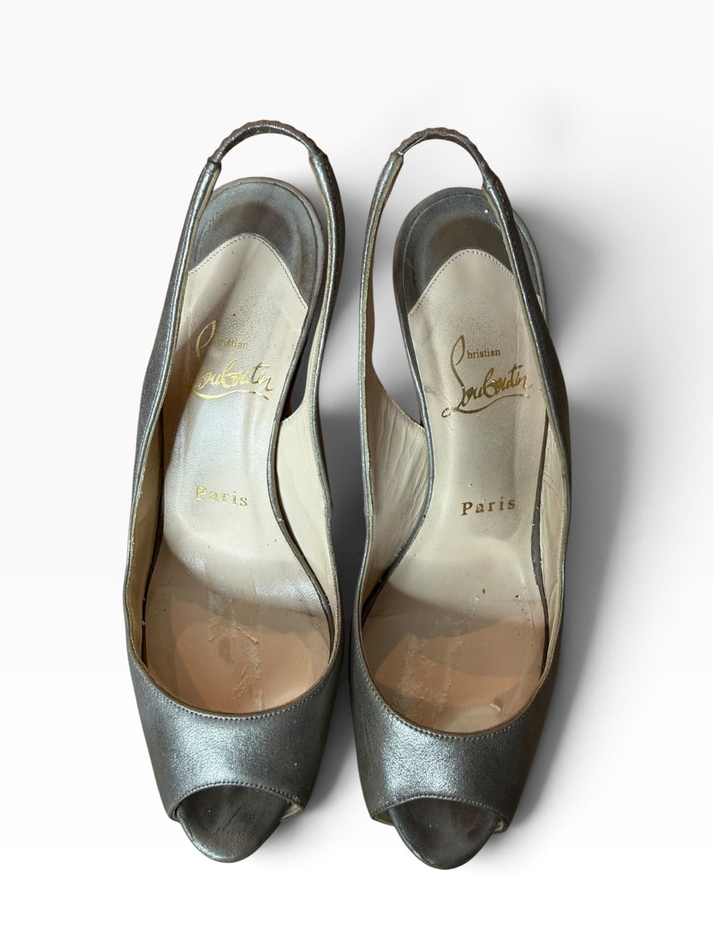 Vintage Christian Louboutin Metallic Pewter Peep-Toe Slingbacks